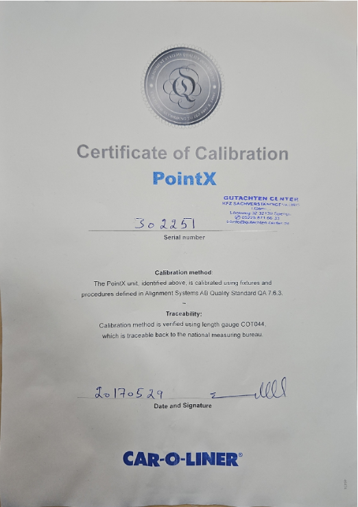 Car-O-Liner – Certificate of Calibration