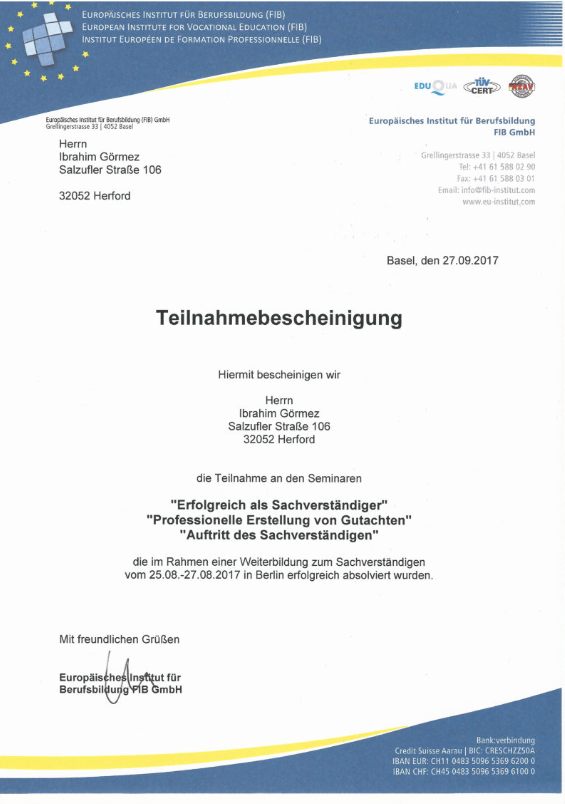 FIB – Teilnahmebescheinigung Sachverständiger
