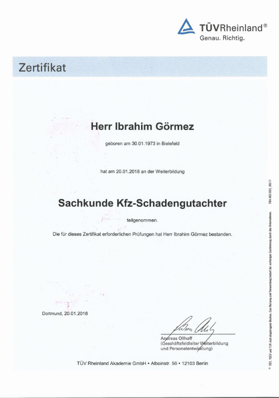 TÜV Rheinland – Sachkunde Kfz-Schadengutachter